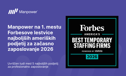 Manpower na Forbesovi lestvici najboljših ameriških podjetij za začasno zaposlovanje za leto 2026 uvrščen na 1. mesto 