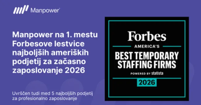 Manpower na Forbesovi lestvici najboljših ameriških podjetij za začasno zaposlovanje za leto 2026 uvrščen na 1. mesto 